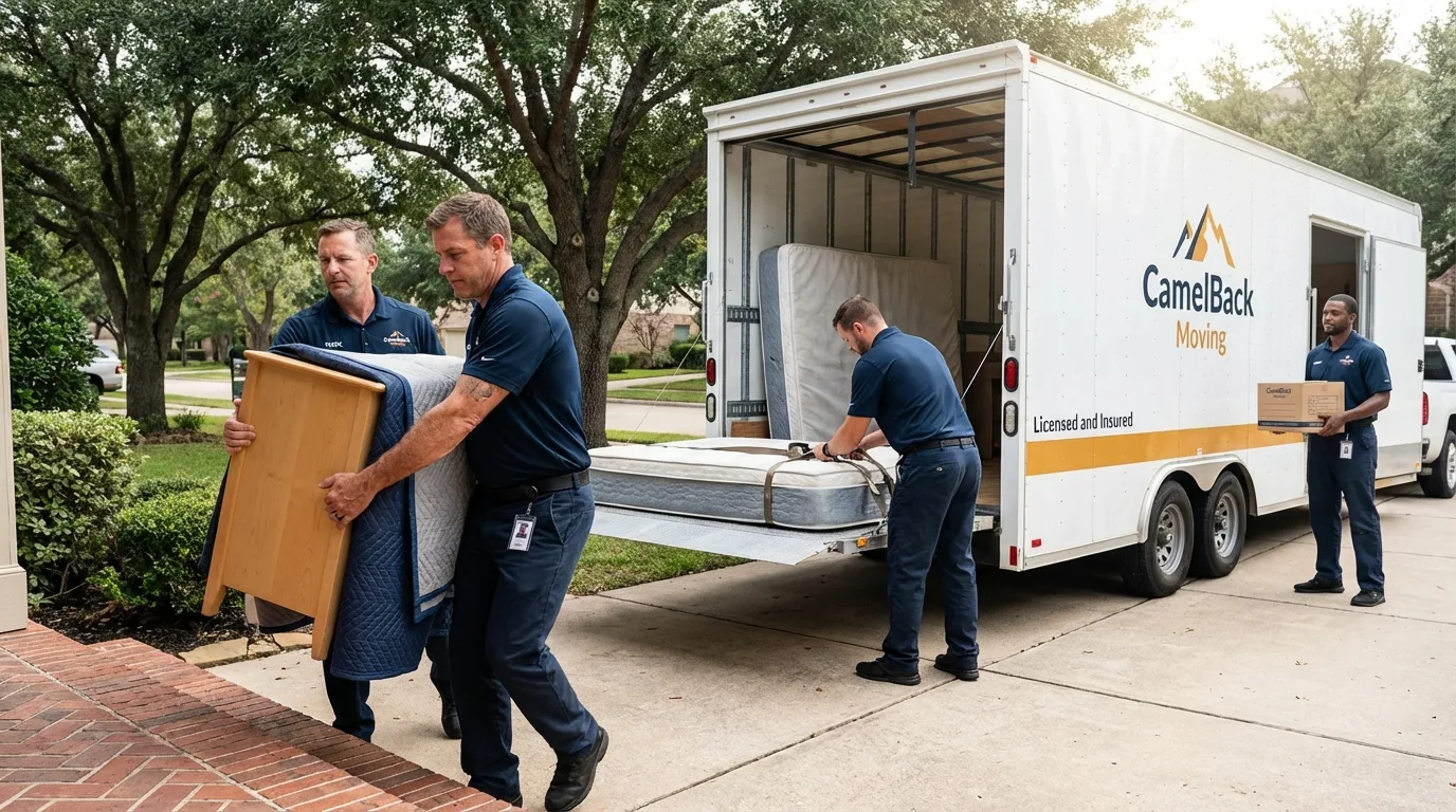 Crew loading residential truck for cross-state move from Stonington, ME