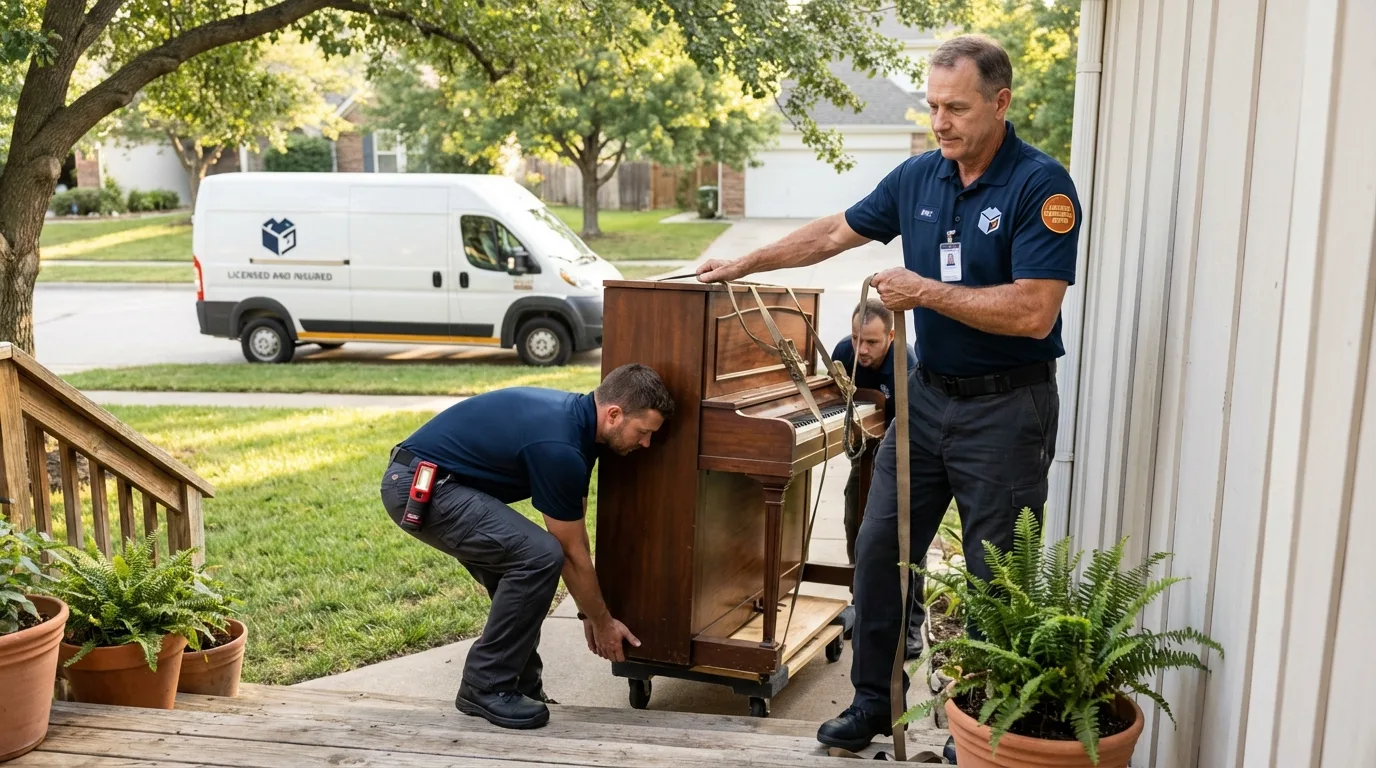 Licensed piano movers securing grand piano in Stonington, ME