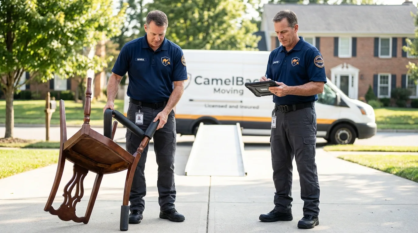 Movers inspecting furniture for damage prevention before loading in Stonington, ME