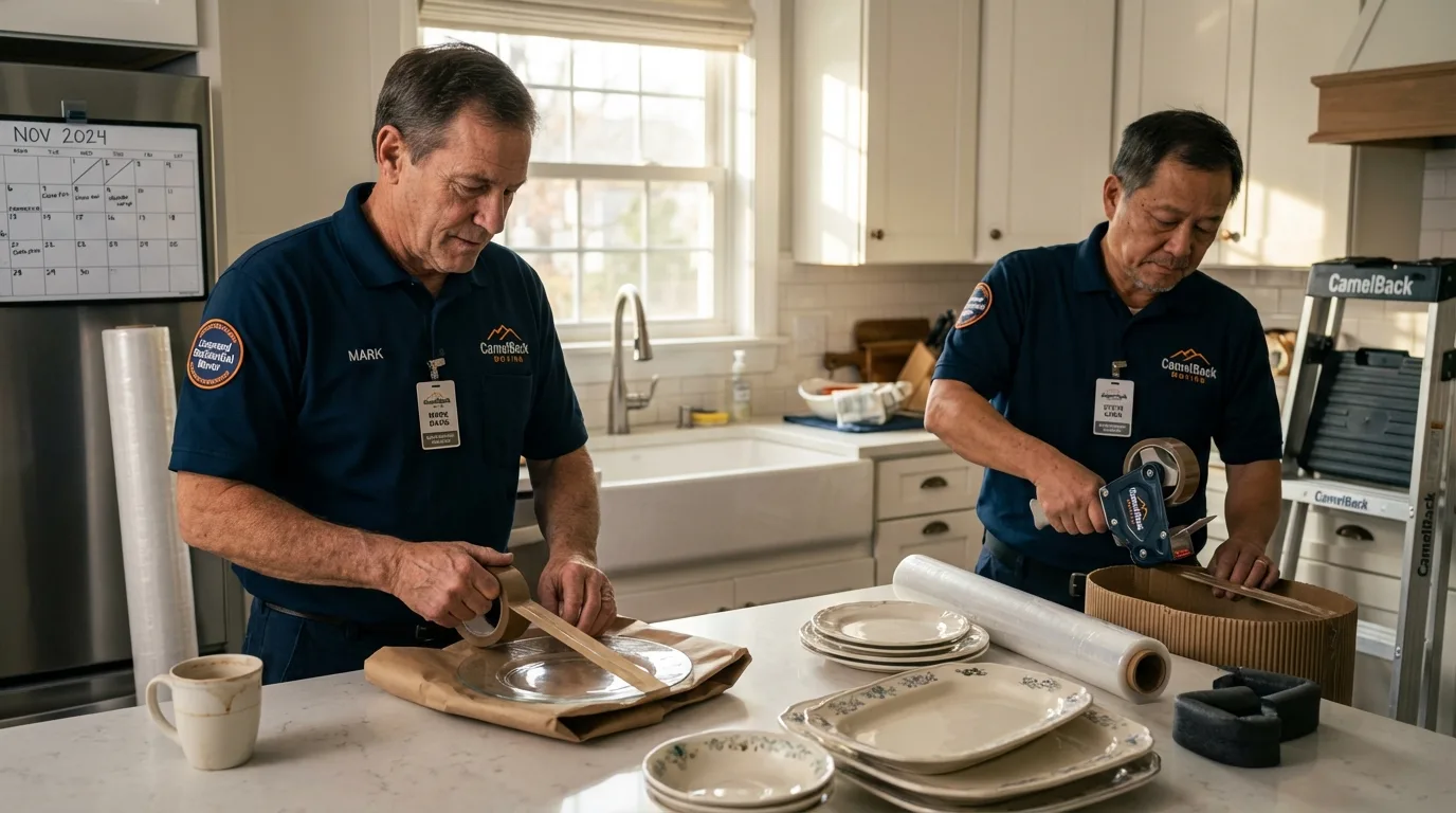 Professional crew packing kitchen dishware in Stonington, ME